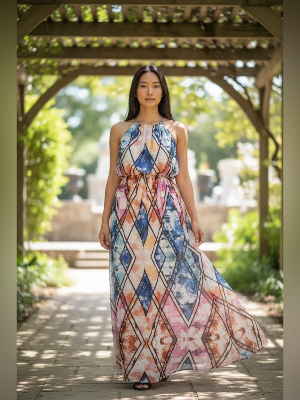 Lily Rose Multicolor Geometric Halter Sleeveless Maxi Dress, Size S